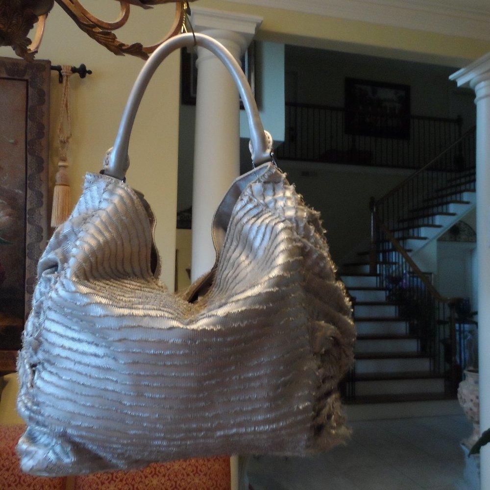 Burberry Silver Metallic Leather Osprey Hobo Bag
